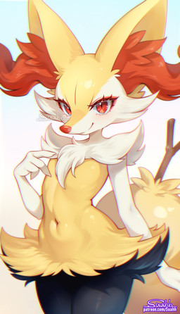ambiguous_gender anthro belly big_tail claws eyelashes featureless_chest flat_chested fluffy fluffy_tail fur grey_body grey_fur inner_ear_fluff looking_at_viewer navel orange_body orange_eyes orange_fur simple_background stick tail text tuft white_body white_fur yellow_body yellow_fur suahh nintendo pokemon braixen canid canine generation_6_pokemon mammal pokemon_(species) 2025 hi_res signature url