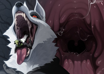 anthro anthro_pred anthro_prey black_body black_fur black_nose bodily_fluids canine_teeth cheek_tuft close-up clothed clothing drooling duo extreme_size_difference facial_hair facial_markings facial_tuft fangs first_person_view fluffy fur fuzzy hair half-closed_eyes head_markings head_tuft imminent_vore in_mouth incisors larger_male larger_pred looking_at_viewer looking_into_mouth lying male male/male male_pred male_prey markings mask_(marking) micro mouth_shot multicolored_body multicolored_fur mustache narrowed_eyes neck_tuft nude on_back on_tongue open_mouth open_smile oral_vore pink_mouth red_eyes saliva saliva_on_tongue saliva_string sharp_teeth size_difference smaller_male smile snout teeth throat tongue tongue_out toony tuft underbelly uvula vore white_body white_fangs white_fur willing_pred hoffersanchez dreamworks puss_in_boots_(franchise) death_(puss_in_boots) renki canid canine canis mammal procyonid raccoon wolf detailed digital_drawing_(artwork) digital_media_(artwork) digital_painting_(artwork) hi_res painting_(artwork) signature