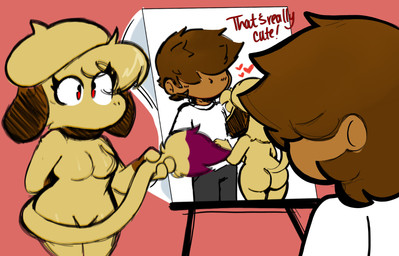 anthro big_butt breasts brown_hair butt clothed clothing dark_body dark_skin dialogue duo eyelashes featureless_breasts female floppy_ears front_view fur hair head_tuft heart_symbol holding_tail long_tail lop_ears male mouthless pink_background red_eyes simple_background tail tail_tuft tan_body tan_fur text thick_thighs topwear tuft white_clothing white_topwear wide_hips heyomaerow nintendo pokemon generation_2_pokemon human mammal pokemon_(species) smeargle absurd_res hi_res