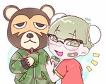 anthro band-aid bandage beverage biped black_nose blush brown_body bubble_tea clothing duo eyewear glasses shirt topwear onakasuita_0o0 animal_crossing nintendo ike_(animal_crossing) bear human mammal 2021 hi_res