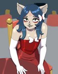 anthro armwear blush clothing date_pov dress elbow_gloves female flat_chested gloves handwear red_clothing red_dress shoulderless_dress simple_background solo white_clothing white_gloves white_handwear darkeros cartoon_hangover the_summoning claire_(the_summoning) felid mammal colored portrait