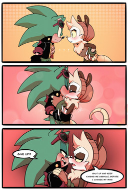 anthro black_nose blush clothing clothing_grab duo ear_piercing eye_contact eyewear female hand_on_chest hand_on_hip hat headgear headwear jacket kissing looking_at_another male male/female open_mouth piercing profanity scar speech_bubble standing sunglasses teeth text topwear meanbeanzone archie_comics sega sonic_the_hedgehog_(archie) sonic_the_hedgehog_(comics) sonic_the_hedgehog_(series) fan_character scourge_the_hedgehog american_opossum eulipotyphlan hedgehog mammal marsupial virginia_opossum colored comic english_text hi_res shaded