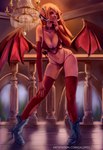 big_breasts biped boots bra breasts chandelier choker cleavage clothed clothing detailed_background female female_humanoid footwear hair high_heeled_boots high_heels horn jewelry legwear navel necklace not_furry panties shoes skimpy solo standing thigh_highs underwear wings galopes vivica_(akukun) demon demon_humanoid humanoid 2018 digital_media_(artwork) digital_painting_(artwork) hi_res shaded