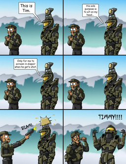 armor commentary dialogue duo_focus group humor male text warrioronlydude halo_(series) microsoft xbox_game_studios master_chief alien flood_(halo) flood_(infection_form) human mammal comic digital_media_(artwork) english_text