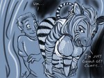 4:3 anthro bent_over blush booth breasts clothed clothing dialogue duo english_text equid equine female hair halcy0n human inside_booth kenzu male mammal nipples partially_clothed photo_booth sitting standing text transformation undressing zebra