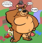 anthro bag balls belly big_belly black_nose brown_body erection eyewear gem genitals male monocle moobs overweight overweight_male penis solo text inked-waffle activision spyro_reignited_trilogy spyro_the_dragon moneybags_(spyro) bear mammal 2022 english_text