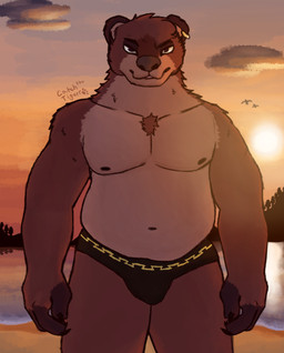 anthro beach bedroom_eyes briefs chest_tuft clothed clothing dusk ear_piercing lake looking_at_viewer male male_anthro narrowed_eyes neck_tuft outside piercing sea seductive slightly_chubby slightly_chubby_anthro slightly_chubby_male solo standing stocky sunset tongue tongue_out topless topless_anthro topless_male tuft underwear warm_fur water catchthetigerr tigerrbites mateo_(tigerrbites) bear mammal hi_res