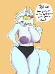 2020 anthro areola big_areola big_breasts black_eyes blue_body blue_fur breasts canid canine canis chasm006 cheek_tuft clothed clothing dialogue ear_piercing english_text exposed_breasts eyeshadow facial_tuft female front_view fur hand_on_hip hi_res lenny_herschel looking_aside makeup mammal multicolored_body multicolored_fur nipples piercing portrait purple_areola purple_nipples simple_background solo standing text three-quarter_portrait topless tuft two_tone_body two_tone_fur underwear white_body white_fur wolf yellow_sclera