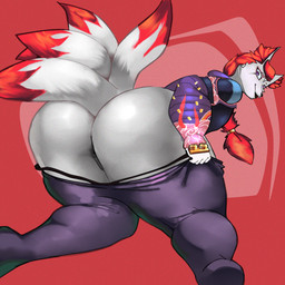 5_tails anthro barely_visible_genitalia barely_visible_vulva big_butt bottomwear bottomwear_down butt clothed clothing female fur genitals hair huge_butt looking_back multi_tail pants pants_down partially_clothed pink_eyes red_hair solo tail vulva white_body white_fur quattrant epic_games fortnite kimiko_five-tails canid canine fox mammal 1:1 hi_res
