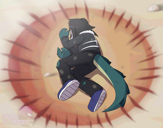 anthro black_hair bodypaint bottomwear claws clothing crater dirty face_paint footwear fur_trim_(clothing) green_body hair humor jacket juggalo long_tail lying lying_on_ground male on_ground on_side pants shoes tail topwear torn_bottomwear torn_clothing torn_pants nerointruder yamcha_death_pose nero_(nerointruder) alligator alligatorid crocodilian reptile scalie 2024 hi_res