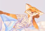 anthro arm_support cheek_tuft clothed clothing dipstick_ears ear_markings facial_tuft fur green_eyes leaning_on_elbow multicolored_ears open_mouth open_smile orange_body orange_fur shirt smile solo topwear tuft strawberry628_(artist) disney zootopia nick_wilde canid canine fox mammal red_fox true_fox 2020 hi_res painting_(artwork) traditional_media_(artwork) traditional_painting_(artwork) traditional_watercolor_(artwork) watercolor_(artwork)