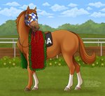 award blue_sky cloud day feral hooves horse_racing male outside quadruped race_track sky solo text trophy turf jenery legend secretariat equid equine horse mammal 2020 digital_media_(artwork) url