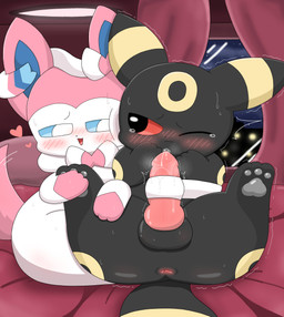 anal anus balls bed black_body black_eyes black_fur black_nose blue_eyes blush blush_lines bodily_fluids bound bulge detailed_background duo feral fur furniture genitals heart_symbol knot male male/male masturbation on_bed paws penetration penile penile_masturbation penile_penetration penis pillow red_eyes ribbonjob ribbons shaking sitting sitting_on_bed spread_legs spreading sweat tail tail_motion tailwag tears trembling white_body white_fur window caroll nintendo pokemon eeveelution generation_2_pokemon generation_5_pokemon generation_6_pokemon mammal pokemon_(species) sylveon umbreon absurd_res hi_res