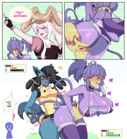 anthro anus blue_body blue_skin breasts duo female female/female feral fur genitals humor interspecies male paws penetration pokemon_battle pokemorph pokephilia purple_body teeth text vaginal vaginal_penetration vulva happycrowtavern nintendo pokemon pokemon_trainer ambipom generation_4_pokemon lagomorph leporid lucario mammal pokemon_(species) rabbit absurd_res comic english_text hi_res