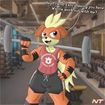 anthro athletic_wear barbell belly bottomwear clothing detailed_background dialogue exercise fingerless_gloves fluffy fluffy_tail fur gloves gym gym_bottomwear gym_shorts hair hand_on_hip handwear head_tuft heterochromia holding_barbell holding_object inside lifting logo looking_at_viewer male open_mouth orange_body orange_fur pokemorph shirt shorts smile smiling_at_viewer solo standing striped_body striped_fur stripes tail talking_to_viewer tan_belly tank_top text tongue topwear tuft weightlifting weights workout ninjatreecko nintendo pokemon blaze_ignatius fan_character canid canine generation_1_pokemon growlithe mammal pokemon_(species) 1:1 artist_logo digital_drawing_(artwork) digital_media_(artwork) english_text hi_res shaded soft_shading