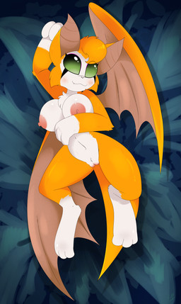 3_toes anthro biped blush breasts dakimakura fangs feet female fur genitals green_eyes hair looking_at_viewer lying membrane_(anatomy) membranous_wings nipples nude on_back orange_body orange_fur pose presenting simple_background smile solo spread_legs spreading tail teeth toes vulva white_body wings e-01 dust:_an_elysian_tail fet fidget_(elysian_tail) bat mammal nimbat absurd_res dakimakura_design digital_media_(artwork) hi_res pinup