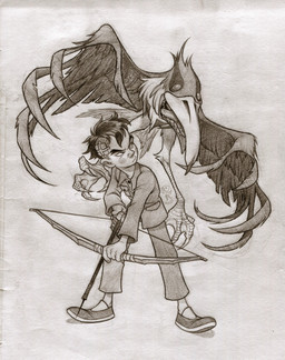 ambiguous_gender arrow_(weapon) bandage_on_head beak black_hair bottomwear bow_(weapon) clothing collared_shirt dress_shirt duo empty_eyes feet feral footwear hair holding_object holding_weapon looking_at_another male narrowed_eyes open_beak open_mouth pants ranged_weapon shirt shoes short_hair simple_background size_difference talons toes topwear weapon winged_arms wings leviticusr the_boy_and_the_heron maki_mahito avian bird heron human mammal pelecaniform monochrome sketch traditional_media_(artwork)