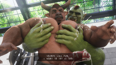 anthro barazoku bodily_fluids cum duo ear_piercing ear_ring facial_piercing fangs genital_fluids green_body green_skin horn humanoid_pointy_ears lactating male male/male male_lactation nipples nose_piercing nose_ring pec_squeeze pecs piercing pointy_ears ring_piercing teeth text weights ad-games european_mythology greek_mythology mythology boruk_(ad-games) bovid bovine humanoid mammal minotaur orc 16:9 3d_(artwork) digital_media_(artwork) english_text hi_res widescreen