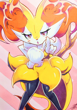 3_fingers :o ambiguous_gender anthro arm_tuft black_body black_fur blush blush_lines cheek_tuft chest_tuft dipstick_tail eyelashes facial_tuft fingers fur gesture hand_gesture hand_on_hip inner_ear_fluff looking_at_viewer markings open_mouth orange_body orange_eyes orange_fur orange_nose pattern_background pink_background pointing pointing_at_viewer shoulder_tuft simple_background solo standing stick striped_background tail tail_markings tuft white_body white_fur yellow_body yellow_fur 025aki nintendo pokemon braixen canid canine generation_6_pokemon mammal pokemon_(species) 2023 absurd_res dated hi_res signature