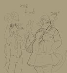 anthro biped bottomwear breasts clothing duo female female_anthro horn looking_at_viewer male male_anthro office_clothing piercing skirt slightly_chubby slightly_chubby_female thick_thighs isi bovid bovine caprine cattle goat mammal black_and_yellow hi_res monochrome