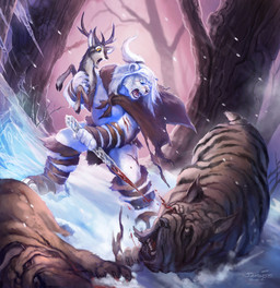 ambiguous_gender angry anthro antlers blood bodily_fluids brown_body brown_fur cape clothing detailed_background feral fur group hair holding_character holding_melee_weapon holding_object holding_weapon hooves horn male melee_weapon outside plant ponytail snow snowing tail tree violence weapon white_body white_fur samwise_didier canid canine canis deer domestic_dog furbolg mammal 2012