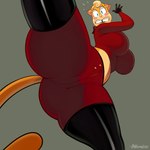 anthro big_breasts big_butt blonde_hair blue_eyes blush boots bottomwear breasts butt camel_toe clothing female footwear gloves grey_background hair handwear leather leather_boots leather_clothing leather_footwear looking_at_viewer looking_down looking_down_at_viewer low-angle_view midriff pants shirt shoes simple_background solo thick_thighs tight_clothing topwear wide_eyed wide_hips yellow_body vimhomeless lilly_(vimhomeless) domestic_cat felid feline felis mammal 1:1 hi_res