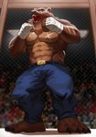 abs anthro bottomwear boxing boxing_tape chest_scar clothed clothing crowd denim denim_bottomwear denim_clothing eye_scar facial_scar fighting_pose fighting_ring group jeans male muscular muscular_anthro muscular_male pants pecs pose scar solo sport topless topless_male pandarita gus_(grizzlygus) bear brown_bear grizzly_bear kodiak_bear mammal ursine full-length_portrait hi_res portrait