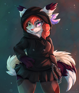 alternative_fashion anthro bored bottomwear braided_hair candy chain claws clothing dessert female fluffy fluffy_tail food fur fur_markings goth green_eyes green_outfit hair hand_on_hip heterochromia hoodie leaf leggings legwear lollipop markings multicolored_tail object_in_mouth orange_hair pupils purple_eyes purple_hand skirt solo tail thigh_highs topwear white_pupils joeumbre komethar_(komethian) felid feline mammal hi_res