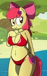 accessory aged_up anthro anthrofied bikini breasts camel_toe cleavage clothed clothing cutie_mark day detailed_background female flower flower_in_hair hair hair_accessory hooves navel plant red_bikini red_bikini_bottom red_bikini_top red_clothing red_hair red_swimwear red_tail semi-anthro side-tie_bikini side-tie_clothing side-tie_swimwear solo string_bikini swimwear swing tail two-piece_swimsuit yellow_body an-tonio pananovich friendship_is_magic hasbro my_little_pony apple_bloom_(mlp) earth_pony equid equine horse mammal pony 2015 5:8 absurd_res artist_collaboration digital_drawing_(artwork) digital_media_(artwork) hi_res