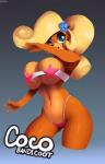 2016 accessory activision anthro bandicoot big_breasts black_nose blonde_hair breasts clothed clothing coco_bandicoot crash_bandicoot_(series) don_ko female flower flower_in_hair gradient_background hair hair_accessory hi_res long_hair looking_at_viewer mammal marsupial navel plant simple_background solo