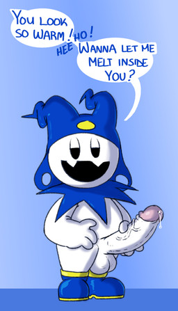 balls bedroom_eyes big_balls big_penis blue_background blue_clothing blue_footwear blue_hat blue_headwear blue_shoes bodily_fluids chibi clothing dialogue erection fangs footwear genital_fluids genitals glans half-closed_eyes hat headgear headwear holding_penis humanoid_genitalia humanoid_penis looking_at_viewer male narrowed_eyes not_furry open_mouth open_smile penile penis pink_glans precum seductive shoes simple_background smile solo talking_to_viewer teeth text vein veiny_penis white_balls white_body white_penis nylonhellhole atlus megami_tensei sega jack_frost_(megami_tensei) demon demon_humanoid humanoid imp 2020 english_text hi_res