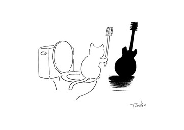 ambiguous_gender electric_guitar guitar humor musical_instrument plucked_string_instrument rear_view shadow shadow_puppet solo string_instrument toilet toilet_brush tango_gao domestic_cat felid feline felis mammal black_and_white line_art monochrome