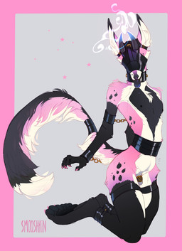 4_toes 5_fingers anthro bdsm black_body black_fur blindfold bondage bondage_gear bound chain chained chastity_cage chastity_device claws collar cuff_(restraint) feet femboy fingers fur gold_(metal) gold_chastity_cage gold_chastity_device horn kneeling long_tail male nails nipples pawpads paws pink_body pink_fur restraints simple_background solo submissive submissive_male tail tail_bondage tail_tied toes tongue tongue_out white_body white_fur smooshkin mythology canid canid_demon canine canis demon hellhound hybrid mammal mythological_canine mythological_creature 2020 digital_media_(artwork) hi_res