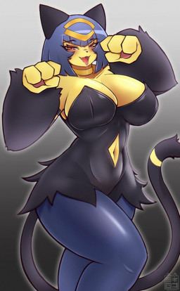 4_fingers anthro big_breasts biped black_background black_body black_clothing black_ears black_eyebrows black_fur black_nose black_tail blue_hair blush bodily_fluids breasts clothed clothed_anthro clothed_female clothing collar cutout drooling eyebrows eyelashes fangs female female_anthro fingers fur glistening glistening_body glistening_breasts gold_(metal) gold_collar gradient_background grey_background hair logo looking_at_viewer metal_collar multicolored_tail navel navel_cutout open_mouth pawpads pink_eyes pink_pawpads pupils saliva simple_background slit_pupils solo standing tail teeth text tongue tongue_out yellow_body yellow_fur yellow_tail sk3tchk4t palworld pocketpair felid mammal pal_(species) sekhmet_(pal) 2026 absurd_res artist_logo artist_name digital_drawing_(artwork) digital_media_(artwork) hi_res