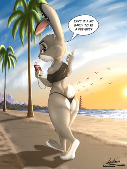 alternative_fashion anthro barbell_piercing beach butt clothed clothing detailed_background ear_piercing eyebrow_barbell eyebrow_piercing facial_piercing female fur gesture goth grey_body grey_fur hand_gesture middle_finger nose_piercing nose_ring palm_tree piercing plant purple_eyes ring_piercing seaside septum_piercing septum_ring shirt sign solo t-shirt tail text thick_thighs topwear tree wide_hips link6432 disney zootopia judy_hopps lagomorph leporid mammal rabbit 3:4 absurd_res english_text hi_res signature