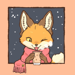 ambiguous_gender beverage brown_body brown_fur container cup feral fur holding_object one_eye_closed orange_body orange_fur scarf snow solo tongue tongue_out white_body white_fur wink winter yellow_eyes fusau canid canine fox mammal 2025 absurd_res hi_res