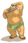 anthro balls_outline belly big_belly black_nose blush bodily_fluids brown_body bulge clothing detailed_bulge genital_outline kemono male moobs musk nipples overweight overweight_male penis_outline simple_background solo sweat underwear kotobuki lifewonders tokyo_afterschool_summoners volos_(tas) bear mammal 2021