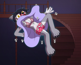 ambiguous_gender anthro black_hair blush blushing_profusely bottomwear boy_shorts bra breasts button_panties button_underwear claws cleavage clothed clothing colored_edge_bra colored_edge_panties colored_edge_underwear dress embarrassed fangs female fur gloves_(marking) grey_body grey_fur group hair haunted_house humiliation inner_ear_fluff inside laugh laughing_at_another levitating levitation markings open_bra open_mouth open_panties panties pattern_bottomwear pattern_clothing pattern_panties pattern_underwear paws pink_bra pink_clothing pink_panties pink_underwear purple_clothing purple_dress raised_clothing raised_dress solo_focus teeth touching_bra touching_breast touching_panties touching_underwear tuft unbuttoned_panties unbuttoned_underwear underwear unzipped unzipped_bra unzipped_underwear watermelon_pattern yellow_eyes zipper zipper_bra zipper_pull_tab zipper_underwear ponponthedreambunny canid canine canis ghost mammal spirit wolf 2025 5:4 digital_drawing_(artwork) digital_media_(artwork) hi_res