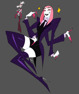 black_bottomwear black_clothing black_skirt boots bottomwear clothing fangs femboy footwear hair high_heeled_boots high_heels legwear male multi_eye necktie pink_eyes pink_hair purple_clothing purple_footwear purple_high_heels shoes skirt solo teeth thick_thighs thigh_boots thigh_highs white_body white_skin yellow_sclera idolomantises hazbin_hotel hellaverse angel_dust arachnid arthropod humanoid spider absurd_res hi_res