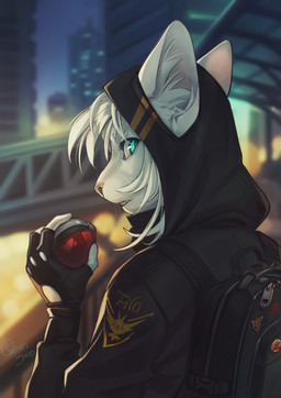 anthro backpack blue_eyes building city clothing ear_slot female fingerless_gloves fur furgonomics gloves handwear hoodie pokeball scenery solo topwear white_body white_fur orphen-sirius nintendo pokemon pokemon_go team_instinct generation_1_pokemon legendary_pokemon pokemon_(species) zapdos 2020 hi_res signature