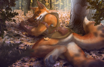 anthro black_pawpads butt claws clothed clothing detailed_fur digitigrade ear_piercing fangs finger_claws forest forest_background fur inner_ear_fluff leaf looking_at_viewer lying male nature nature_background on_front orange_body orange_fur outside partially_clothed pawpads paws piercing plant solo teeth toe_claws tree tuft zenthetiger canid canine fox mammal 2022 detailed hi_res shaded