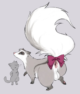 3_fingers 4_toes accessory anthro anus balls big_anus big_balls big_tail blue_eyes brown_body brown_fur butt comparing duo eyewear eyewear_on_head facial_markings feet feral fingers fluffy fluffy_tail fur furgonomics genitals glasses glasses_on_head grey_body grey_fur head_markings huge_balls huge_tail larger_feral leg_markings looking_back_at_self looking_up_at_partner male male/male male_feral markings mask_(marking) multicolored_body multicolored_fur pawpads pink_anus pink_flesh pink_nose pink_paws presenting presenting_anus presenting_hindquarters ribbons semi-anthro size_difference socks_(marking) standing tail tail_accessory tail_ribbon thick_thighs toes walking white_body white_fur wide_hips niichan capcom monster_hunter cacophony_(kazukio) hanawa_(kazukio) felid feline felyne lynian mammal mephitid mustelid skunk stinkmink hi_res