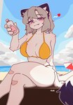anthro arm_tuft baby_oil beach beach_umbrella big_breasts bikini breasts clothing collarbone crossed_legs dipstick_tail eyebrows eyelashes female fur grey_hair hair heart_symbol holding_object inner_ear_fluff kemono markings outside parasol purple_eyes shoulder_tuft sitting solo swimwear tail tail_markings thick_thighs tuft two-piece_swimsuit white_body white_fur wide_hips yellow_bikini yellow_clothing yellow_swimwear kloe_mone golden_week mammal mustelid musteline stoat true_musteline weasel 2025 hi_res