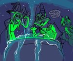 anthro cauldron clothed clothing dialogue green_light green_lighting group hat headgear headwear jewelry magic pendant speech_bubble spell text witch_hat honeypine trevor_pride_(knotfunny) bat fish hyena mammal marine shark spotted_hyena compression_artifacts english_text green_theme sketch herm_(lore) nonbinary_(lore)