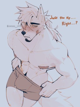 5_fingers anthro band-aid band-aid_on_face band-aid_on_nipple bandage bandage_on_face black_nose blush blush_lines bodily_fluids body_hair boxer_briefs boxer_briefs_only cheek_tuft clothed clothing dialogue erection_under_bottomwear erection_under_underwear eye_through_hair eyebrow_through_hair eyebrows facial_tuft fingers fur genital_fluids hair happy_trail long_hair looking_at_viewer male markings mole_(marking) monotone_body monotone_fur muscular muscular_anthro muscular_male nipples orange_eyes partially_clothed precum precum_through_clothing precum_through_underwear simple_background solo stubble sweat sweatdrop tail tan_boxer_briefs text topless translucent translucent_hair tuft underwear underwear_down underwear_only wet wet_clothing white_background white_body white_fur white_hair connr07 canid canine canis mammal wolf 2026 3:4 absurd_res artist_name digital_drawing_(artwork) digital_media_(artwork) english_text hi_res portrait three-quarter_portrait