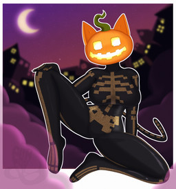 anthro big_breasts black_body black_bodysuit black_clothing black_skinsuit bodysuit bone breasts cat_tail clothed clothing female fog foggy_background for_a_head holidays latex latex_clothing long_ears moon night painted_background skeleton skinsuit sky solo spread_legs spreading star starry_sky tail tight_clothing furfyh epic_games fortnite halloween spice_(fortnite) felid feline felis mammal object_head absurd_res hi_res