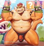 2019 2_horns ?_block abs anthro armband biceps bodily_fluids bowser bowser_logo bracelet breath bulge clothed clothing collar detailed_bulge digital_media_(artwork) dsharp_k duo elemental_creature flora_fauna hair horn jewelry kneeling koopa looking_at_viewer male mario_bros musclegut muscular muscular_anthro muscular_male nintendo nipples pecs piranha_plant plant red_hair scalie shell solo_focus spiked_armband spiked_bracelet spiked_shell spikes spikes_(anatomy) sweat topless underwear