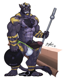 abs anthro armpit_hair barazoku barbell barbell_piercing beard biceps big_muscles big_penis black_hair black_pawpads blonde_highlights blue_eyes bodily_fluids body_hair bottomwear bottomwear_around_one_leg bottomwear_down chest_hair claws clothed clothing clothing_around_one_leg cum deltoids ear_piercing ear_ring erection exercise facial_hair facial_piercing fangs finger_claws genital_fluids genitals grin hair heterochromia highlights_(coloring) holding_object horn huge_muscles humanoid_genitalia humanoid_penis jockstrap looking_at_viewer male markings muscular muscular_anthro muscular_male muscular_thighs navel nipple_barbell nipple_piercing nipples nose_piercing nose_ring obliques pants pants_around_one_leg partially_clothed pawpads pecs penis piercing precum pubes ring_piercing septum_piercing septum_ring shorts shorts_down simple_background smile solo standing stripes sweat teeth toe_claws underwear vein veiny_muscles veiny_penis weightlifting weights workout yellow_eyes yellow_stripes nightterror oslow_reinhardt felid mammal pantherine 2021 dated hi_res signature