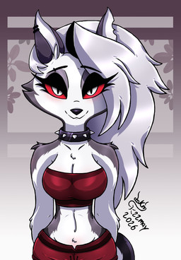anthro bare_shoulders big_breasts black_eyelids bottomwear breasts cleavage clothed clothing collar ear_piercing eye_through_hair eyebrow_piercing eyelashes facial_piercing female fur grey_body grey_fur hair hands_behind_back long_hair looking_at_viewer midriff navel notched_ear piercing pupils red_bottomwear red_clothing red_sclera red_shorts red_topwear red_tube_top shorts slit_pupils small_waist smile solo spiked_collar spikes strapless_clothing strapless_topwear topwear translucent translucent_hair tube_top white_body white_eyes white_fur white_hair wide_hips joakaha hellaverse helluva_boss mythology loona_(helluva_boss) canid canid_demon canine demon hellhound mammal mythological_canine mythological_creature 2026 dated half-length_portrait hi_res portrait signature
