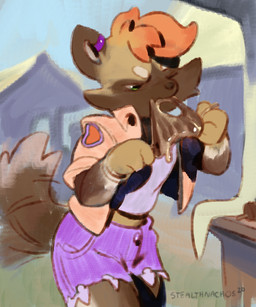 anthro bottomwear bracelet brown_body brown_fur clothing ear_piercing ear_ring eating female fur hair jacket jewelry male orange_clothing orange_hair orange_jacket orange_topwear outside paws piercing purple_bottomwear purple_clothing purple_shorts purple_skirt ribs ring_piercing short shorts skirt solo standing tail tail_motion tailwag topwear young stealthnachos yanxu african_wild_dog canid canine lycaon_pictus mammal 5:6 hi_res
